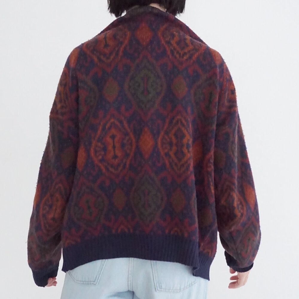 Vintage Melange Navy Burgundy Geometric Knit Button Front Cardigan Sweater L - Picture 2 of 11
